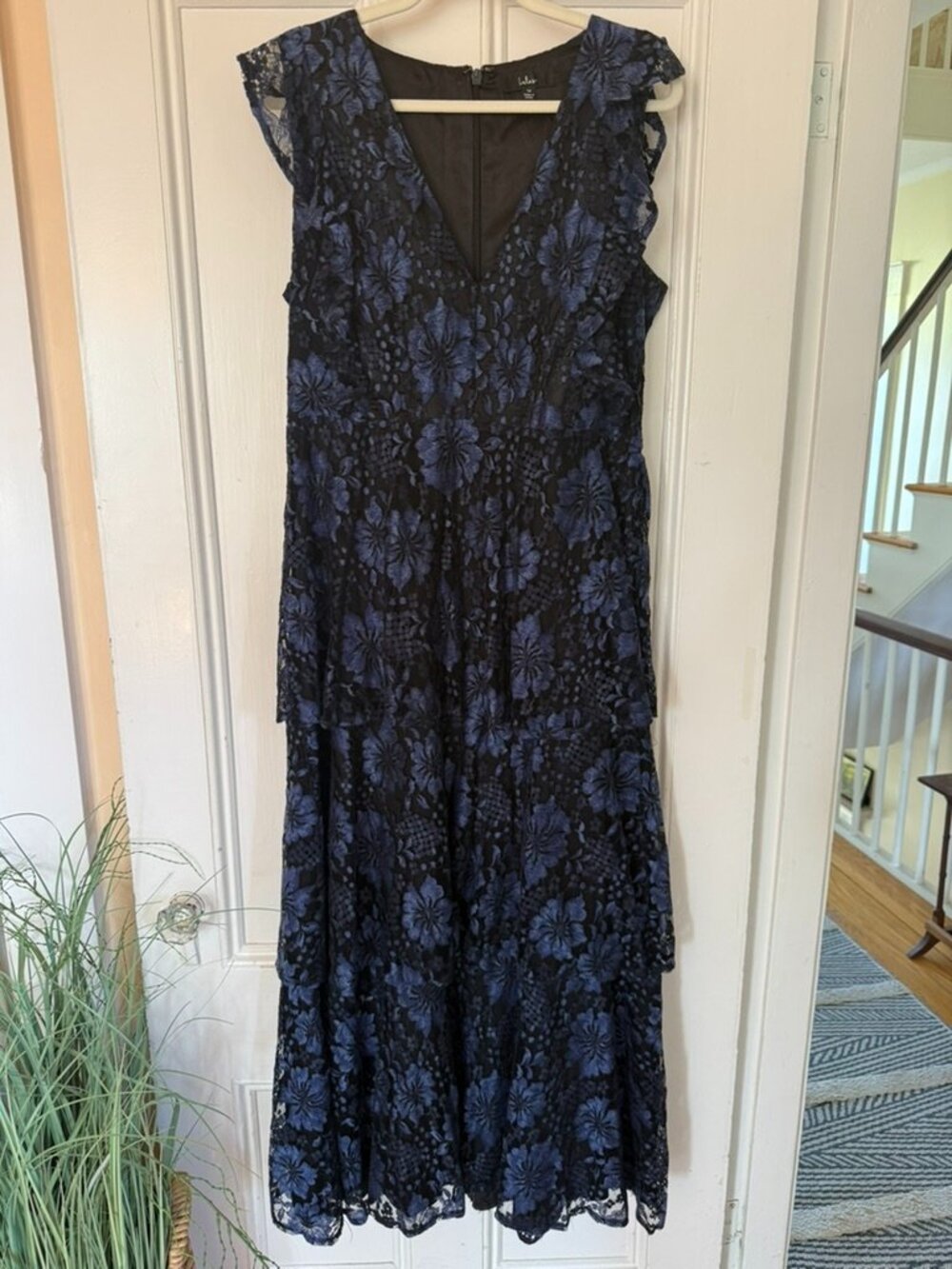 Molinetto Navy Blue Lace Ruffled Tiered Sleeveless Maxi Dress